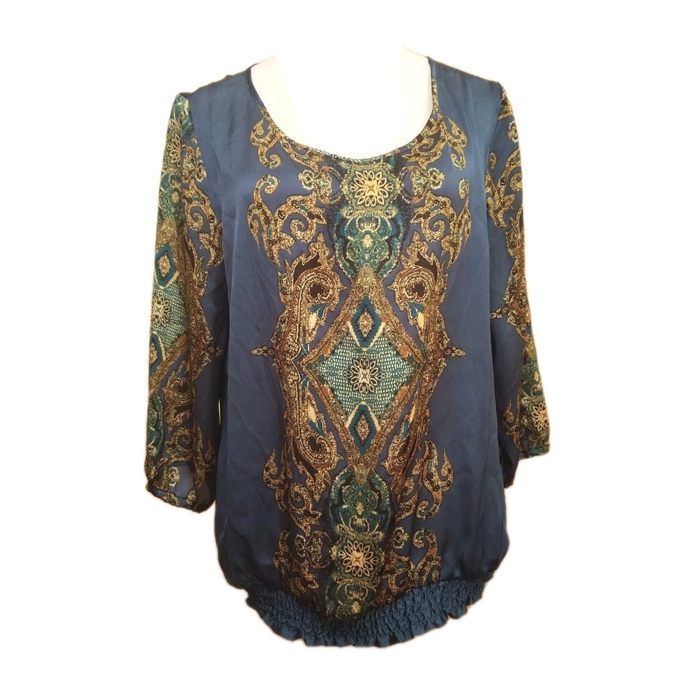 Apt 9 Teal Womens Silky Boho Blouse Sz Large Paisley Teal Elastic Waist Boho Top